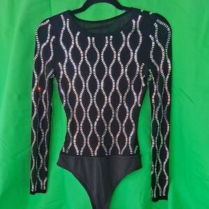 Black Long-Sleeve Sequin Pattern Bodysuit
